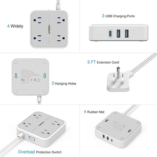 TESSAN สายไฟต่อพร้อม USB+Type C, รางปลั๊กไฟแบบพกพาสายไฟคุณภาพสูง
