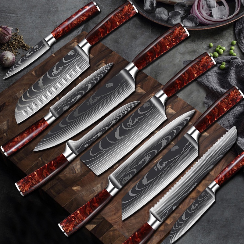 Red Resin Handle Damascus Laser Pattern Suit Meat Cutting Slicing Knife Kitchen Knife Sashimi Cooking Chef Knife