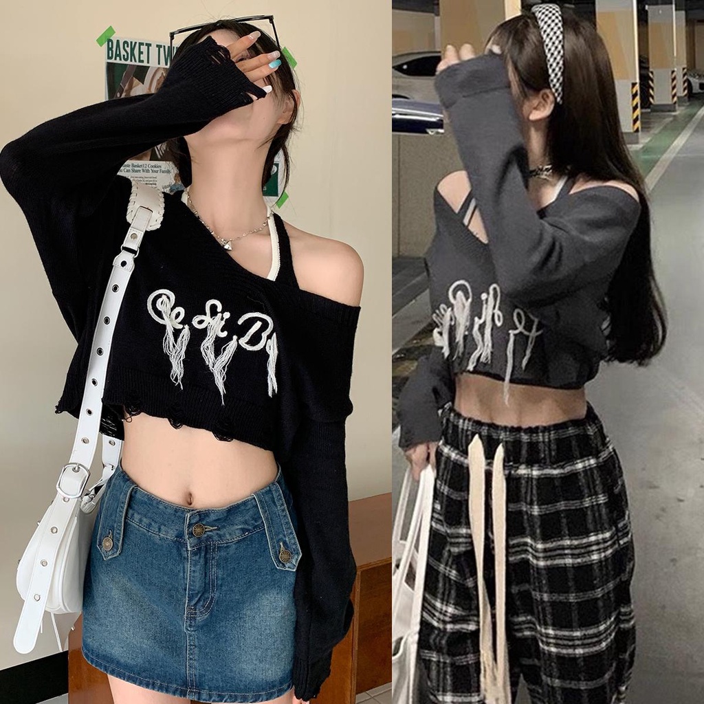 mimi&didi ใหม่ ชุดเซ็ท2ชิ้น ผู้หญิง เสื้อครอปสั้น+เสื้อคล้องคอไหมพรม ดีเทลสุดเท่ขาดๆไม่ซำไคร สไตล์เกาหลีมากๆ#2006