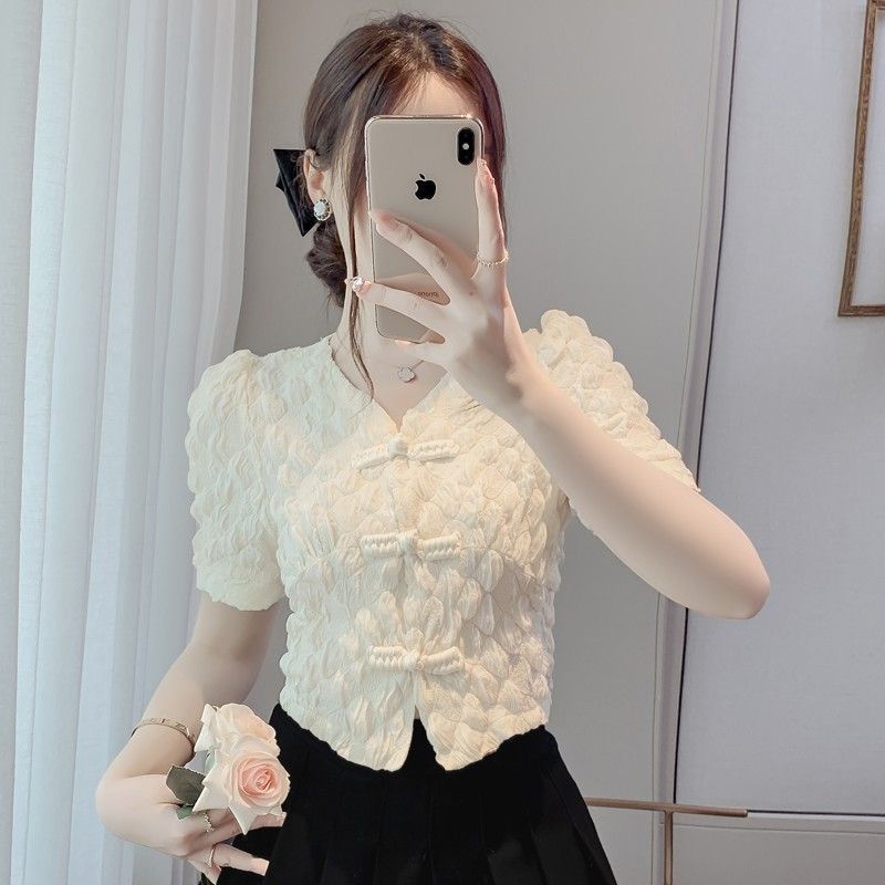 เสื้อเชิ้ตแขนสั้น คอวี แต่งหัวเข็มขัด แฟชั่นฤดูร้อน สําหรับผู้หญิง