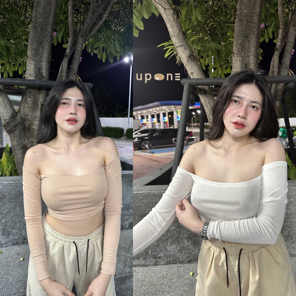 แฟชั่น เสื้อครอปแขนยาว คอกว้าง ปาดไหล่
