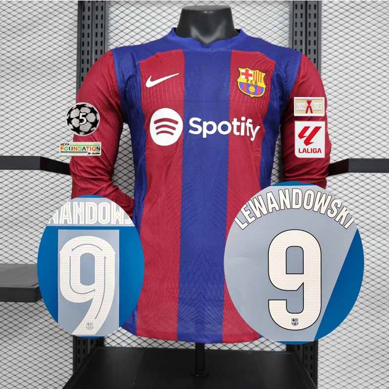 เสื้อกีฬาแขนยาว ลายทีมฟุตบอล Barcelona LEWANDOWSKI GAVI 23 24 player Issue ชุดเหย้า สําหรับผู้ชาย