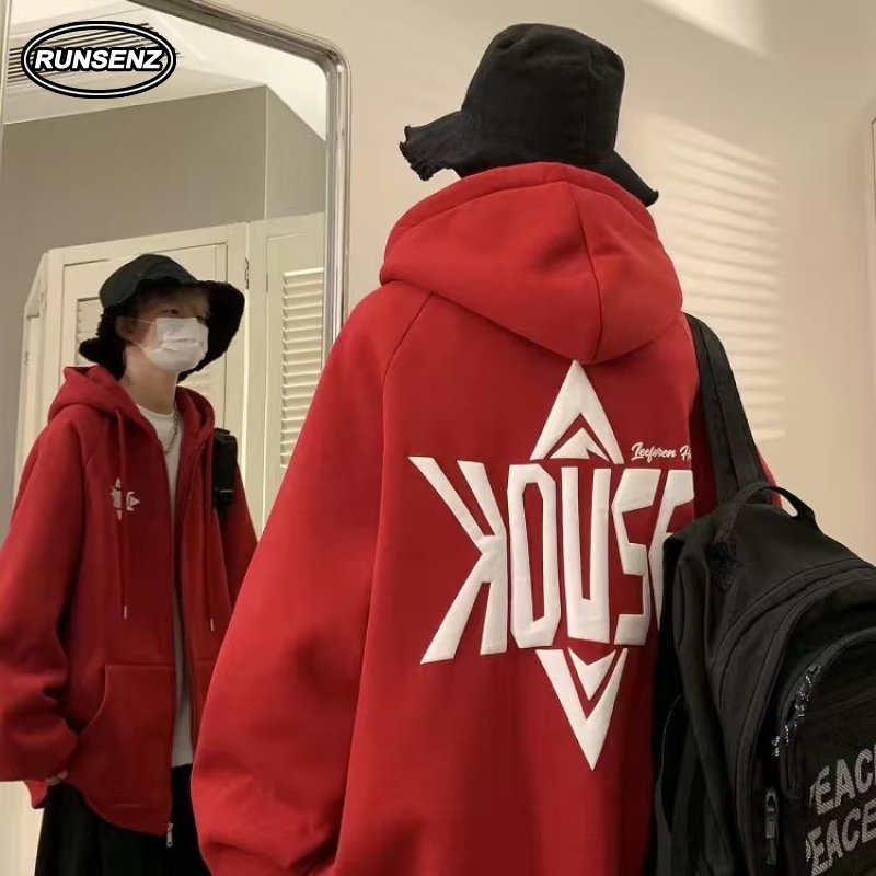 เสื้อกันหนาวลําลอง มีฮู้ด ทรงหลวม ขนาดใหญ่ สีแดง แฟชั่นสําหรับผู้ชาย และผู้หญิง ไซซ์ M - 8XL