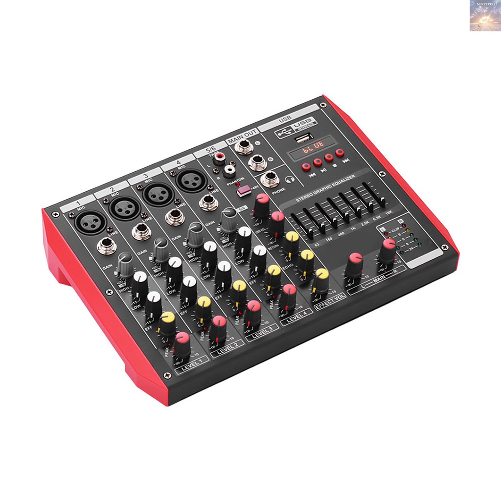Mstudio D6 เครื่องมิกเซอร์คอนโซล 6 ช่อง 7-band EQ ในตัว 48V รองรับการเชื่อมต่อบลูทูธ USB เครื่องเล่น MP3 สําหรับบันทึกเสียงเพลง DJ ไลฟ์สด คาราโอเกะ