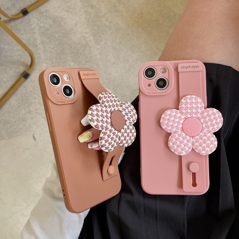ปลอกสําหรับ iPhone 16 15 14 Pro Max 13 12 mini 6S 6 7 8 Plus 11 Pro X XR XS Max se 2020 เคสโทรศัพท์มือถือ ลายดอกไม้ พร้อมขาตั้ง สีชมพู สําหรับ