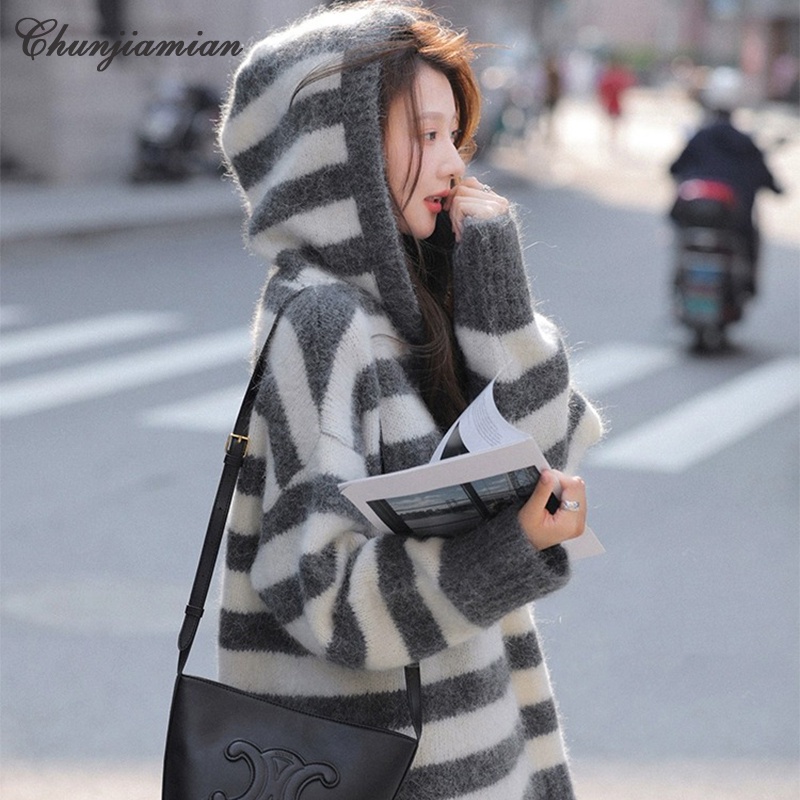 Chunjiamian เสื้อฮู้ด ผ้าขนสัตว์ ลายทาง สีตัดกัน แฟชั่นฤดูใบไม้ร่วง และฤดูหนาว