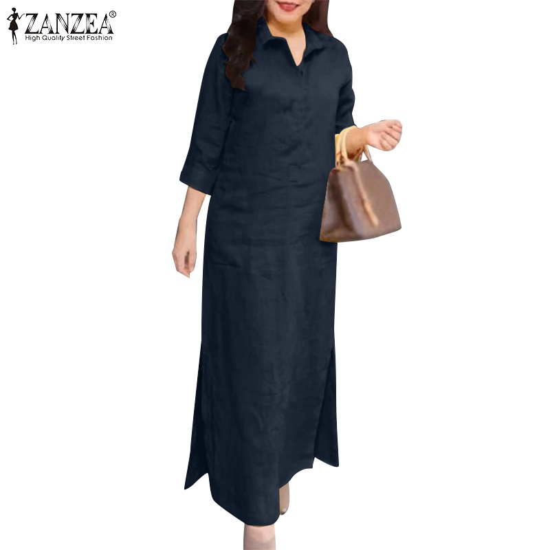 Zanzea ชุดเดรสลําลอง คอปก ผ่าข้าง สีพื้น สไตล์วินเทจ สําหรับผู้หญิง
