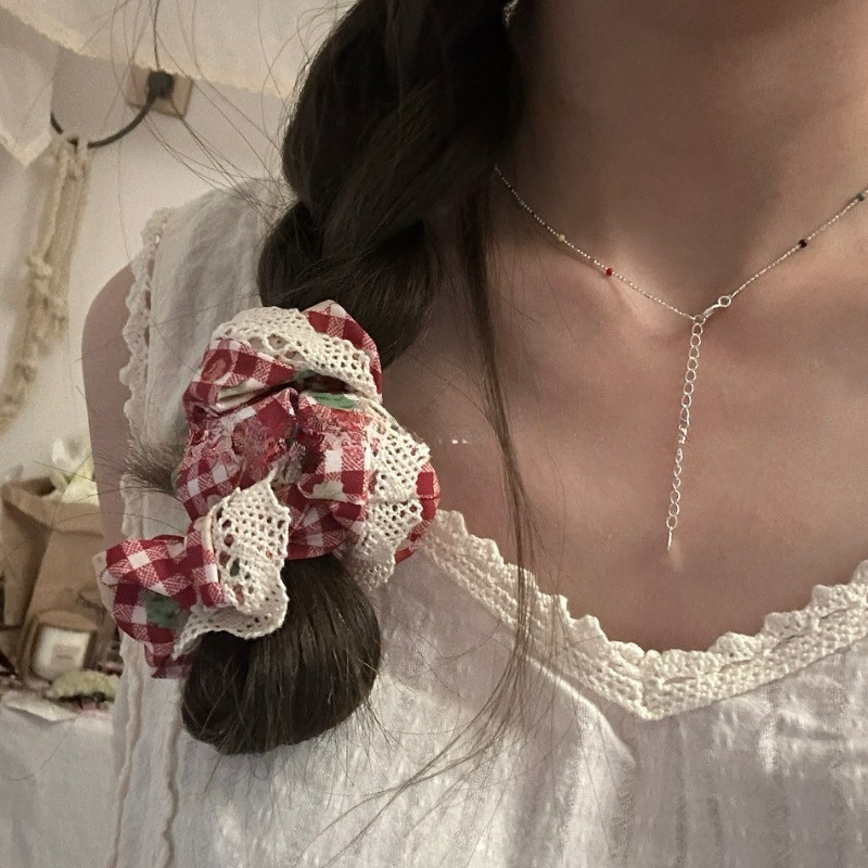 1 ชิ้นสีแดงลายสก๊อตลูกไม้เชอร์รี่ผมหางม้าหัวเชือก Scrunchies ผมผูกอุปกรณ์เสริมผม