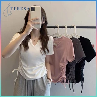 เสื้อยืดคอวีสั้นทรงสวย เสื้อยืดแขนสั้นงานเรียบๆ รูดข้างได้