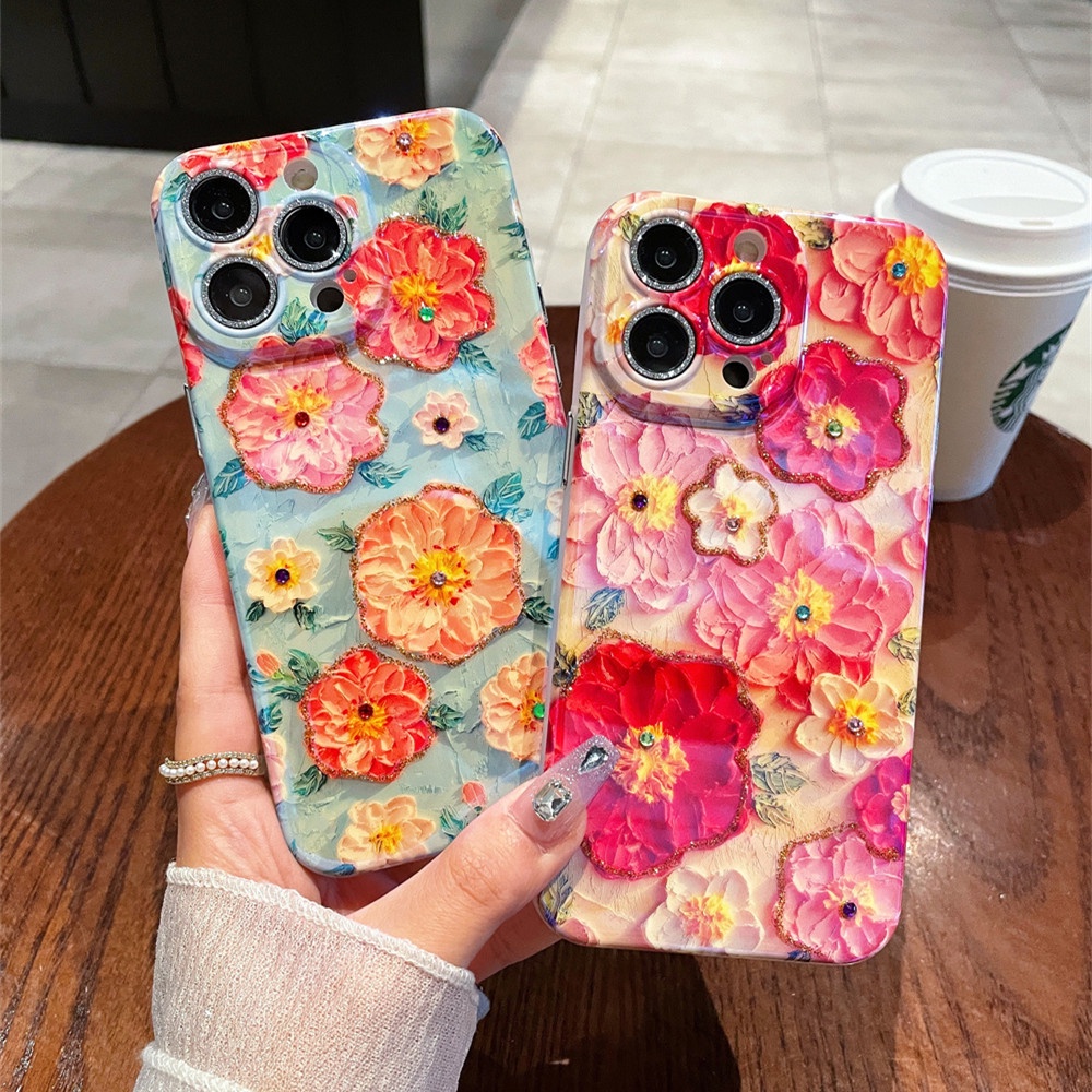 เคสโทรศัพท์มือถือ ซิลิโคน กันกระแทก ลายดอกไม้ ประดับกลิตเตอร์ สีเขียว สีแดง หรูหรา สําหรับ IPhone 15 12 13 14 Pro Max i11 15 Plus