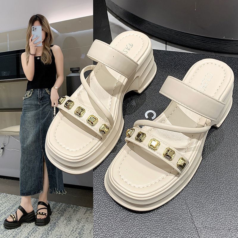 Chic Stroll รองเท้าแตะแฟชั่นผู้หญิง ตกแต่งเพชร รองเท้าส้นตึก เปิดปลายเท้า ระบายอากาศ สไตล์โรมัน เหมาะกับเดินชายหาดกลางแจ้ง
