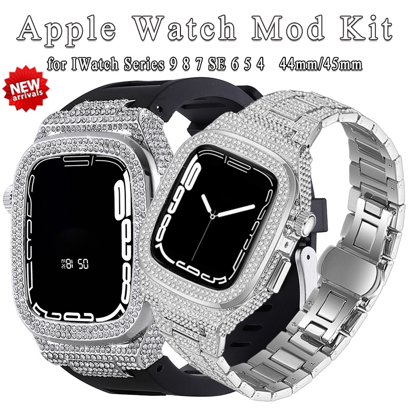 เคสกรอบโลหะ และสายนาฬิกาข้อมือ หรูหรา สําหรับ Apple Watch 9 8 7 45 มม. 6 5 4 SE iwatch Series 44 มม.