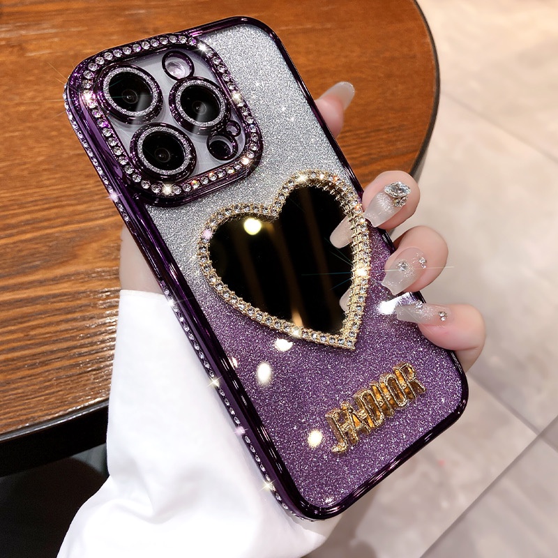 เคสโทรศัพท์มือถือ TPU นิ่ม ป้องกันเลนส์กล้อง ลายหัวใจ ประดับเพชร แฟชั่น สําหรับ iPhone 11 12 13 14 15 pro max 14plus 15plus
