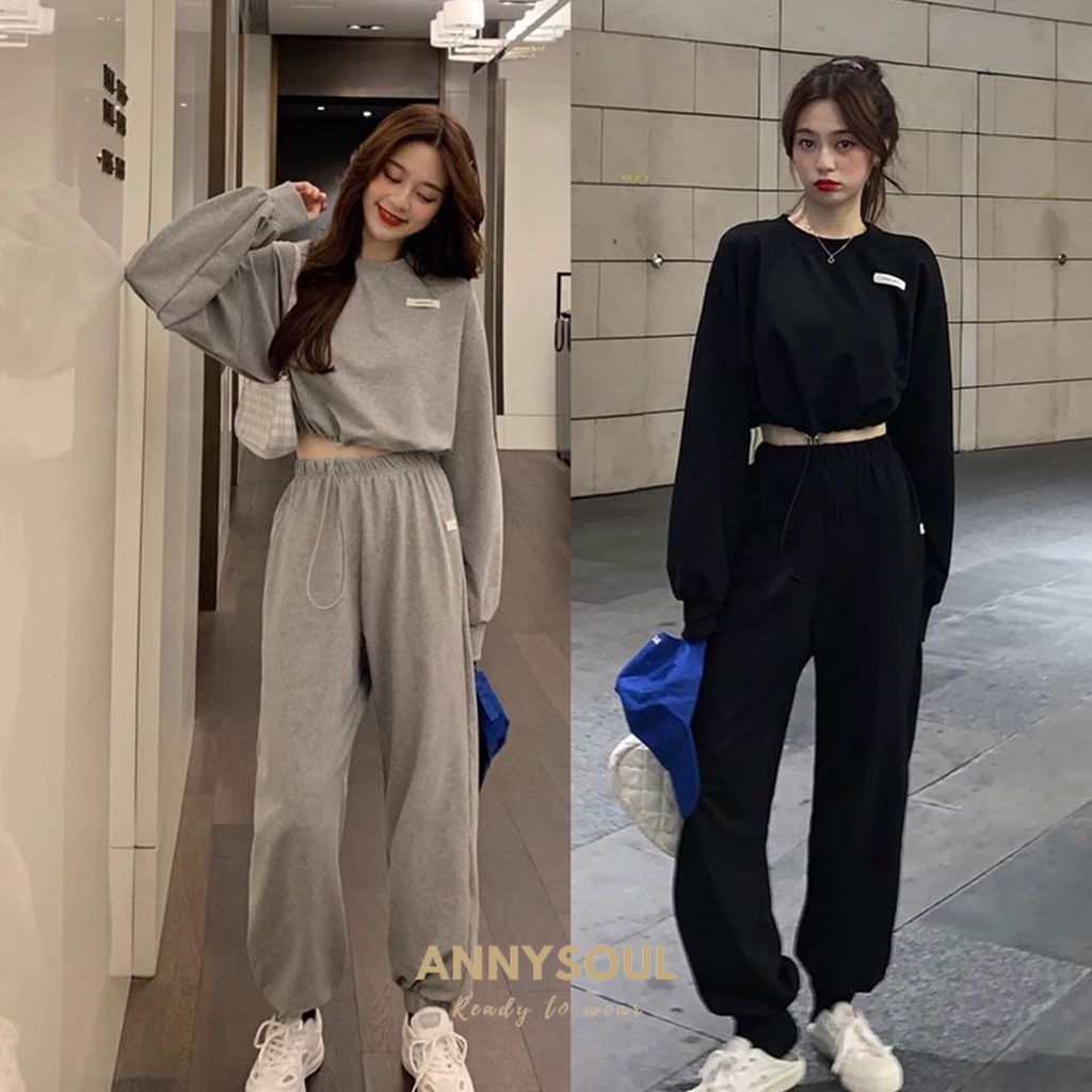 เซทกางเกงวอร์มสวยสับ เสื้อแขนยาวจั้มเอว + กางเกงขายาวจั๊มขา