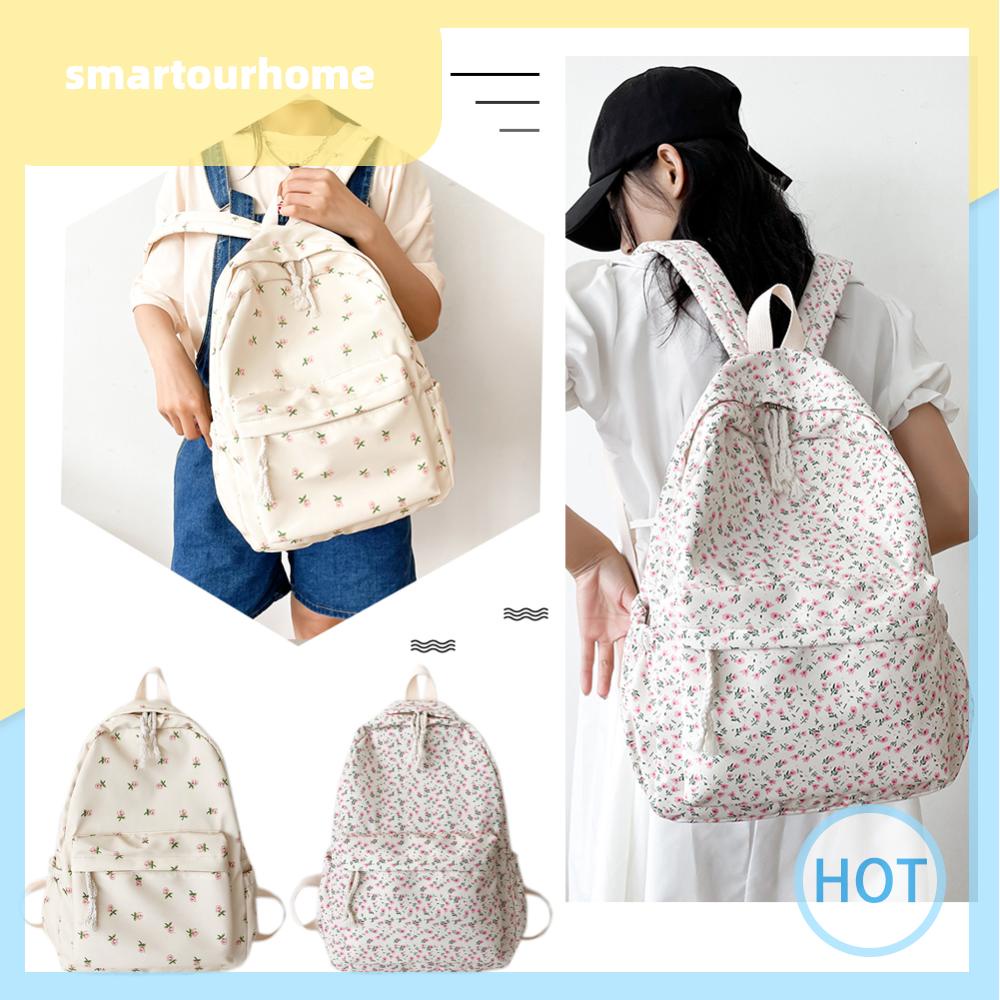 [smartourhome.th] กระเป๋าเป้สะพายหลัง กระเป๋านักเรียน พิมพ์ลายดอกไม้ ความจุขนาดใหญ่