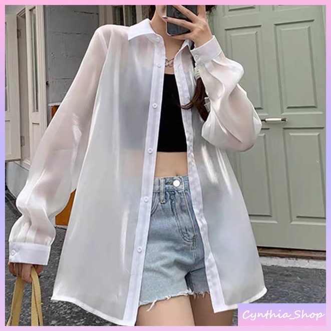 Cynthiaพร้อมส่ง เสื้อเชิ๊ตแขนยาว ผ้าชีฟองเงา