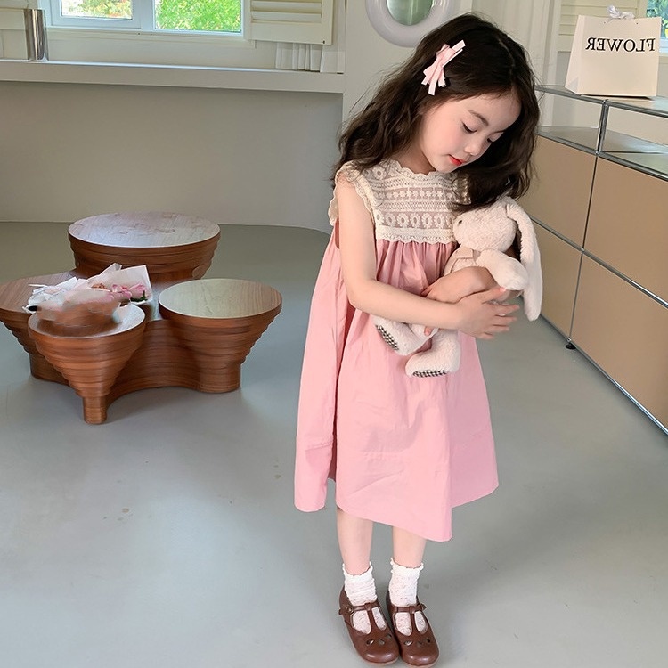 ชุดเดรสกระโปรง สําหรับเด็กผู้หญิง แขนกุด ปักลายลูกไม้ สีพื้น ขนาดเล็ก 3-8 ปี