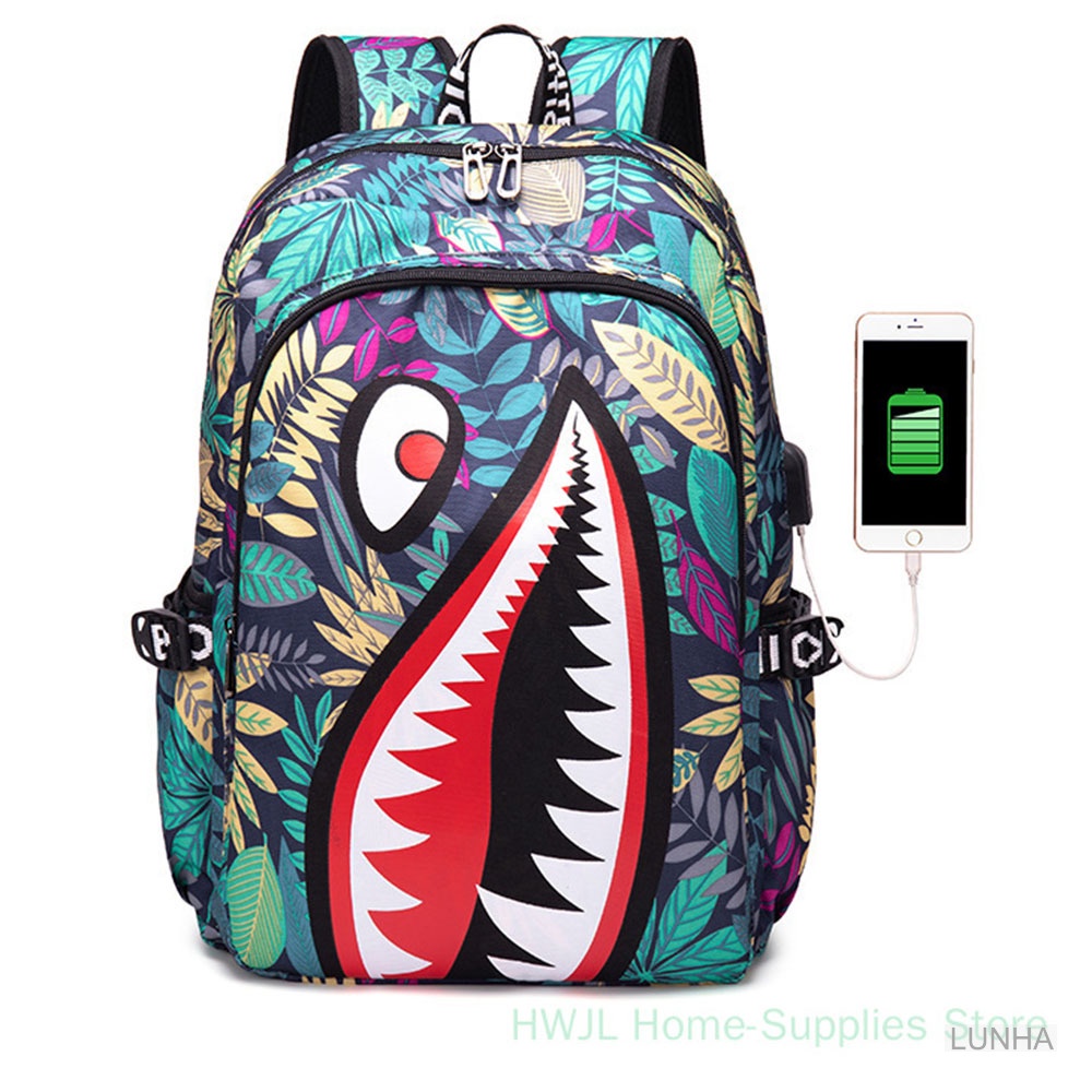 กระเป๋าเป้สะพายหลัง กระเป๋าใส่หนังสือ ผ้าออกซ์ฟอร์ด พิมพ์ลายฉลาม ขนาด 15.6 นิ้ว สําหรับนักเรียนประถม มัธยมต้น และมัธยมต้น