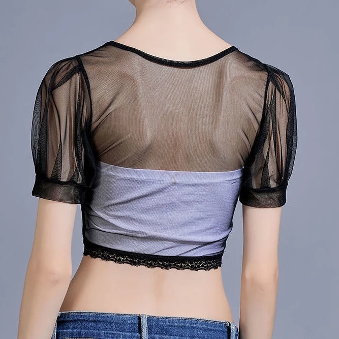 เสื้อเชิ้ตแขนสั้น คอกลม ผ้ากอซ ไนล่อน แต่งลูกไม้ thumbnail 3