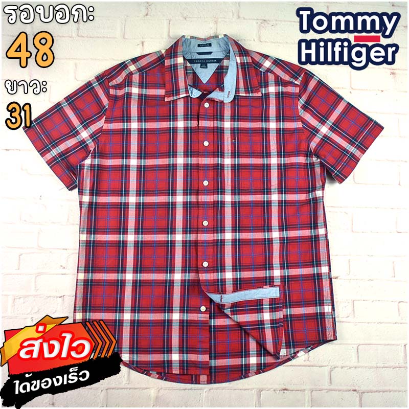Tommy Hilfiger®แท้ อก 48 เสื้อเชิ้ตผู้ชาย ทอมมี่ ฮิลฟิกเกอร์ สีแดง แขนสั้น เนื้อผ้าดี