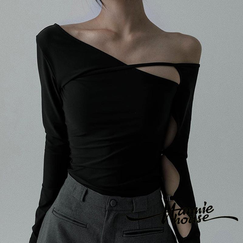 เสื้อยืดแขนยาว คอเฉียง แบบรูกลวง สําหรับผู้หญิง