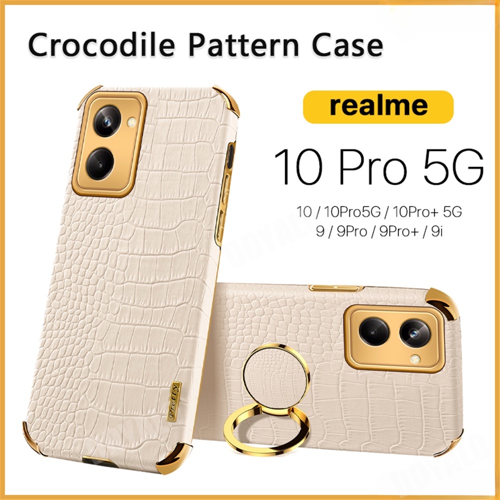 Leahter เคสโทรศัพท์มือถือหนัง PU ลายหนังจระเข้ พร้อมแหวนขาตั้ง ชุบทอง กันรอยนิ้วมือ สําหรับ Realme 10 Pro 5G 9 Pro Plus 9i