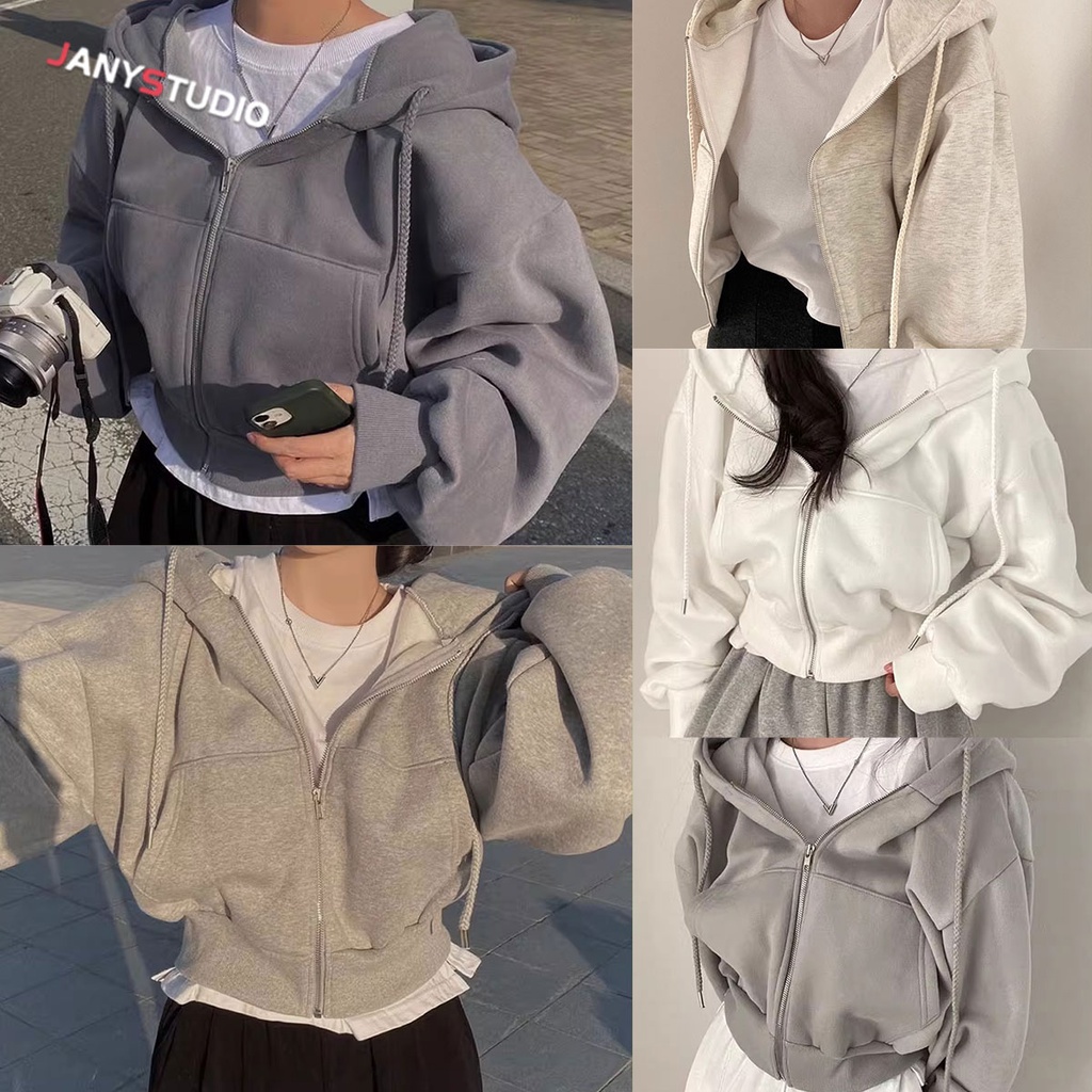 เสื้อครอปกันหนาว มีฮู้ด แต่งซิป ทรงหลวม ใส่สบาย