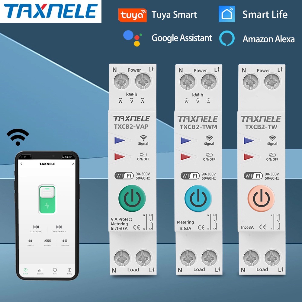 เบรกเกอร์ Tuya สมาร์ทวงจร WIFI KWh 1P 63A ป้องกันแรงดันไฟฟ้า tta3
