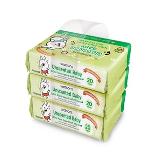 Watsons วัตสัน x Usagyuuun อันเซ้นต์เท็ด เบบี้ 100 อีโค่-เฟรนด์ลี่ ซอฟท์ ไวพ์ 20 แผ่น x 3 แพ็