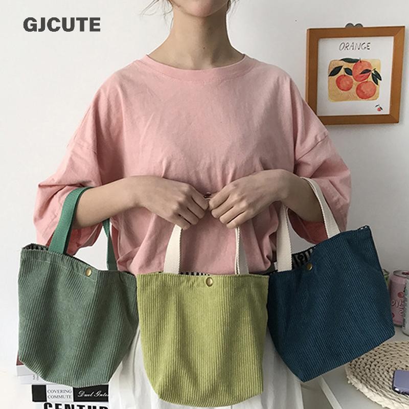 Gjcute กระเป๋าผู้หญิง Corduroy HandBags ถุงอาหารกลางวันแบบใช้ซ้ําได้ Casual Shopping Storage กระเป๋าสไตล์ญี่ปุ่น Vintage สีทึบกระเป๋า WTD