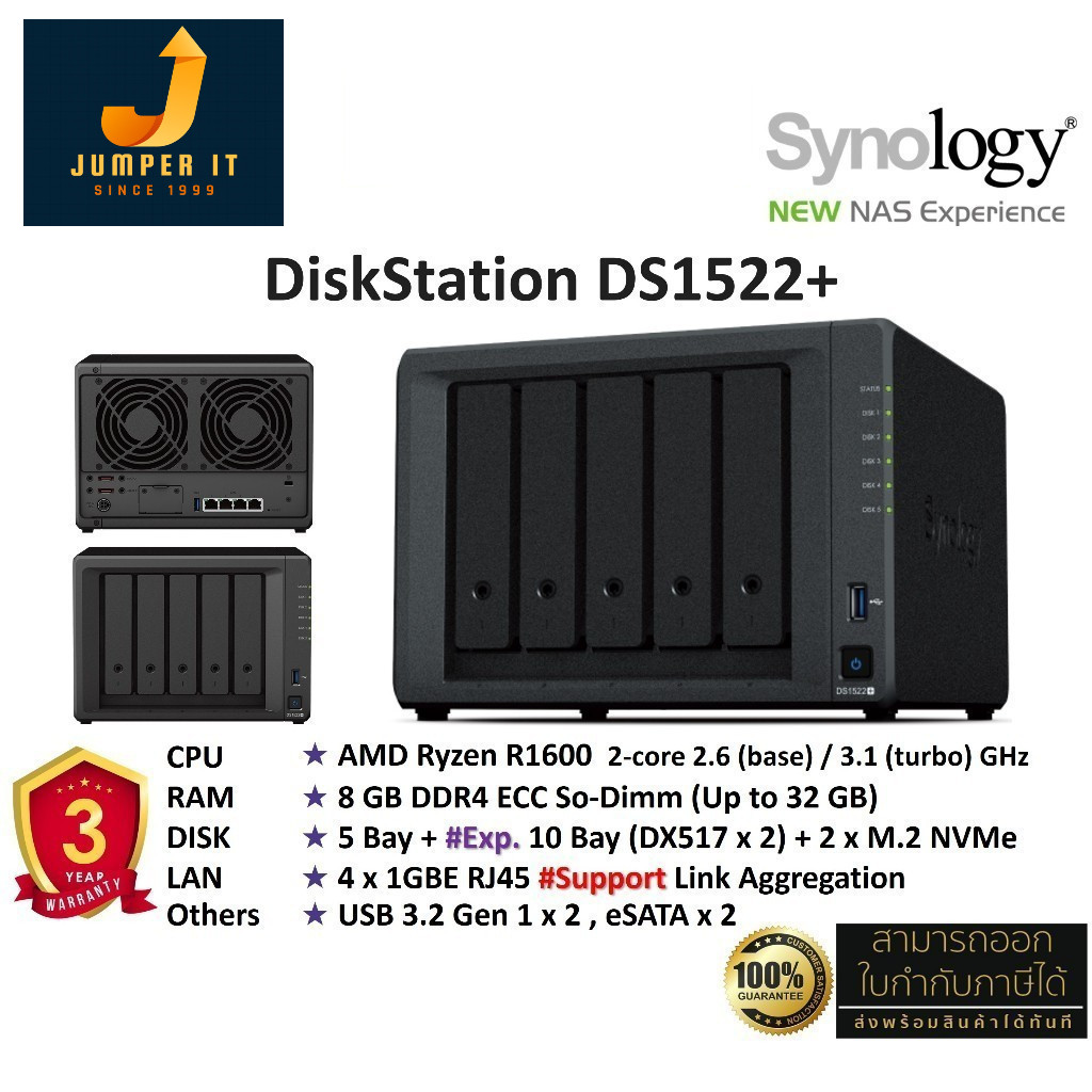 Synology NAS DiskStation รุ่น DS1522+ (HDD 5 Bay w/Exp 15 Drive + 2 M.2, 2 Core Max 3.1GHz, 8GB DDR4