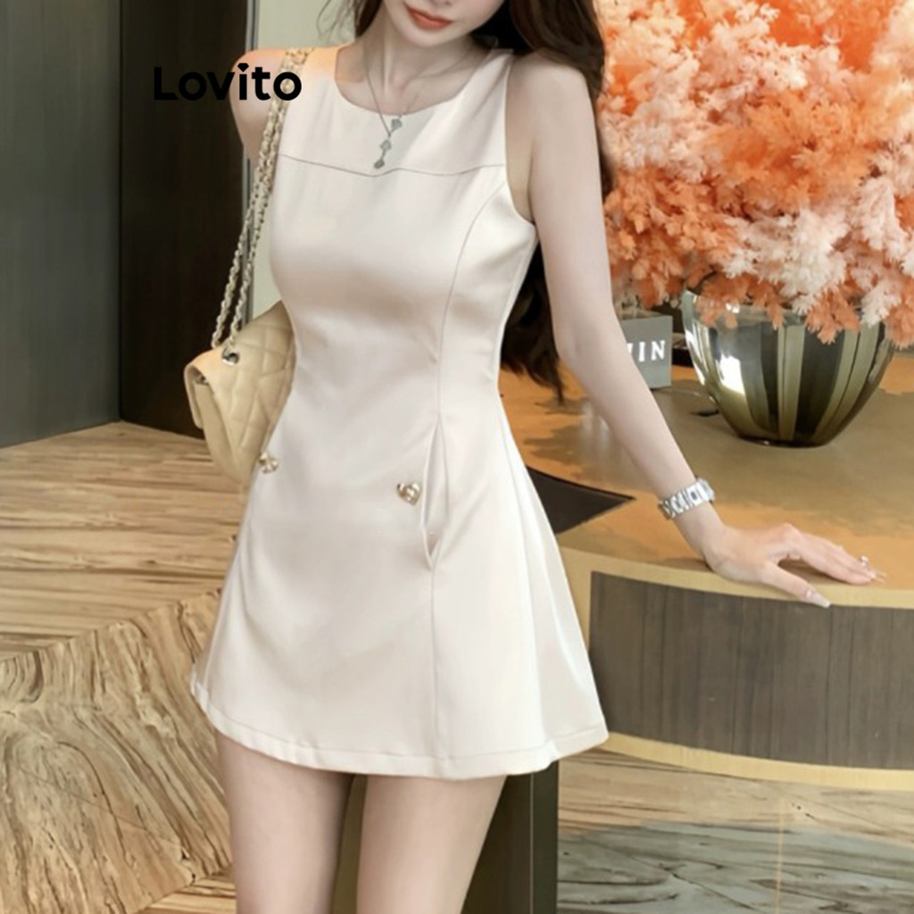 Lovito เดรสผู้หญิง มีมีกระดุม มีกระเป๋าปลอม สีพื้น สไตล์หรูหรา LNE70036