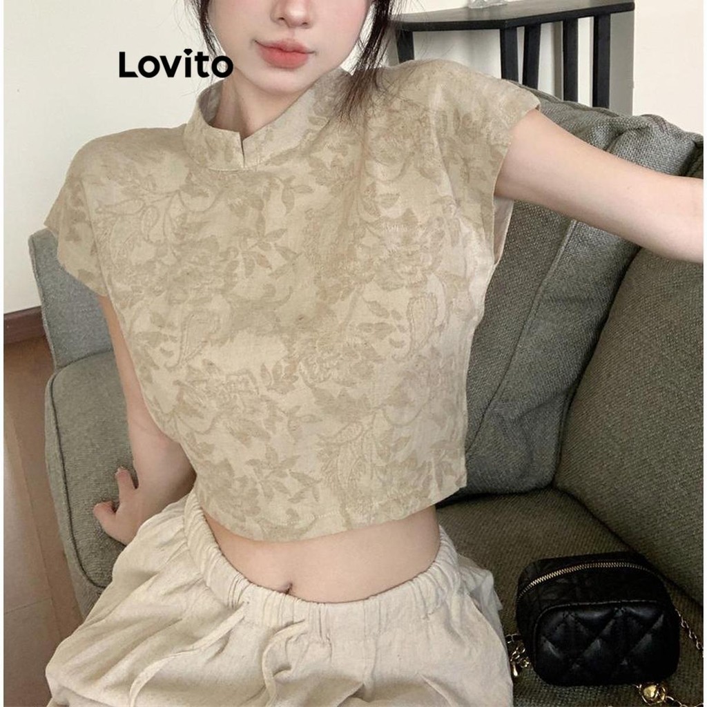 Lovito เสื้อเบลาส์ผู้หญิง เปิดหลัง พิมพ์ลายต้นไม้ สไตล์ลำลอง LNE43312