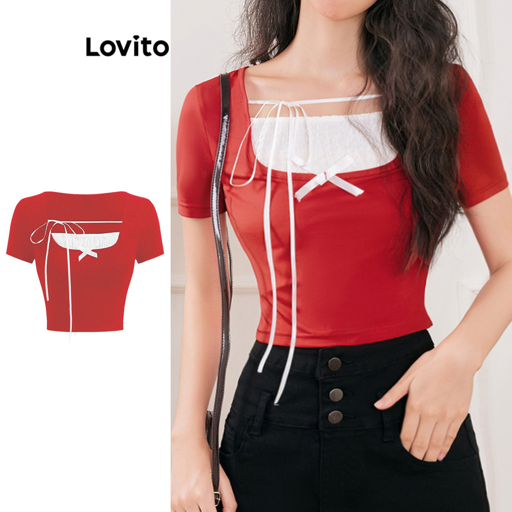 Lovito เสื้อยืดโบว์ สีบล็อกสำหรับผู้หญิง L106AD238
