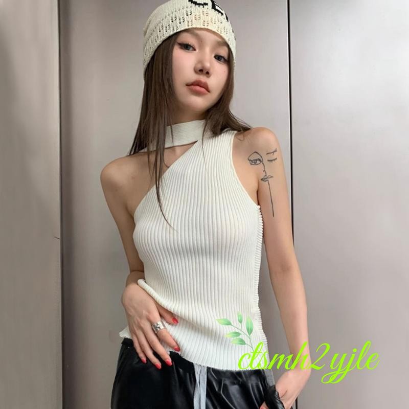 เสื้อกล้ามถักนิตติ้งสำหรับผู้หญิง แขนกุด สีพื้น ทรงเข้ารูป คอกลม เสื้อกั๊ก