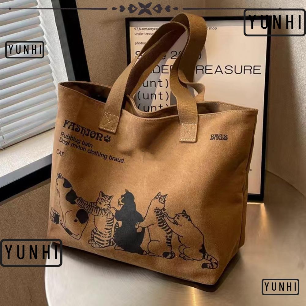 Yunhi กระเป๋าถือสุภาพสตรี,กระเป๋าสะพายพิมพ์ลายการ์ตูนแมวความจุขนาดใหญ่,กระเป๋าถือแฟชั่นอเนกประสงค์แบบสบายๆ