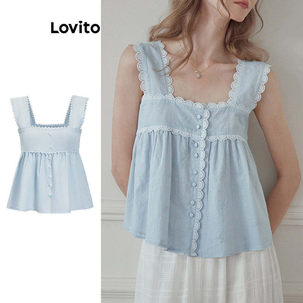 Lovito เสื้อแขนกุดผู้หญิง มีกระดุม แต่งลูกไม้ สีพื้น สไตล์น่ารัก L85AD224