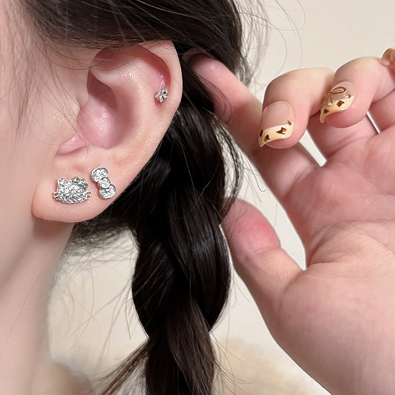 เราดอกไม้เกาหลีส925เงินประกายคริสตัลคิตตี้แมวสกรูต่างหูสําหรับผู้หญิงสาวเจาะหูกระดุมเครื่องประดับ - รูปที่ 5