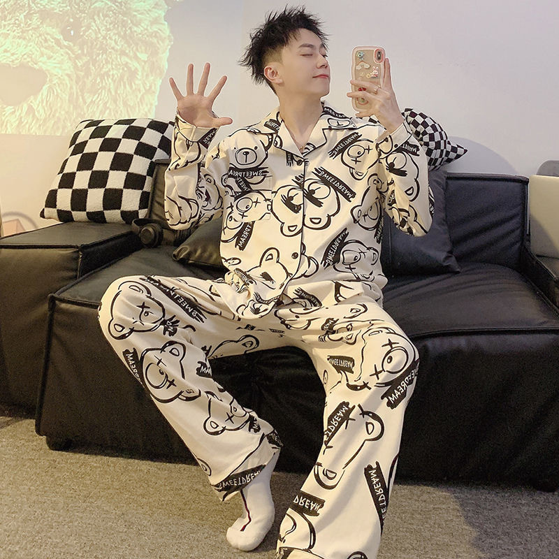 ชุดนอนผู้ชายฤดูใบไม้ผลิฤดูใบไม้ร่วงนักเรียนคาร์ดิแกนกางเกงขายาวแขนยาวเยาวชนฤดูหนาวขนาดใหญ่สามารถสวมใส่นอก ชุดบ้าน ชุด