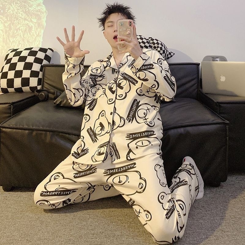 ชุดนอนผู้ชายฤดูใบไม้ผลิฤดูใบไม้ร่วงนักเรียนคาร์ดิแกนกางเกงขายาวแขนยาวเยาวชนฤดูหนาวขนาดใหญ่สามารถสวมใส่นอก ชุดบ้าน ชุด