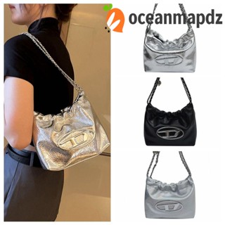 Oceanmapdz กระเป๋าสะพายไหล่ กระเป๋าถือ แบบหนัง ลายตัวอักษร D Y2K สีเงิน สําหรับสตรี