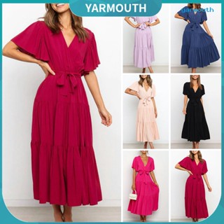 Yyr-- ชุดเดรสสั้น คอวี แขนสั้น เอวสูง แต่งเข็มขัด แต่งระบาย สีพื้น สไตล์สตรีท แฟชั่นฤดูร้อน สําหรับสตรี