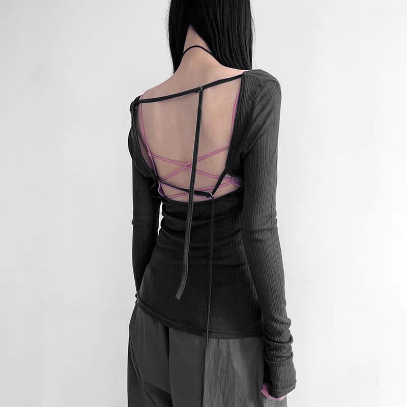 เสื้อยืดลําลอง แขนยาว เปิดไหล่ เปิดหลัง เซ็กซี่ ทรงหลวม สีดํา แฟชั่นเรียบง่าย สไตล์เกาหลี ฤดูใบไม้ร่วง แบบใหม่