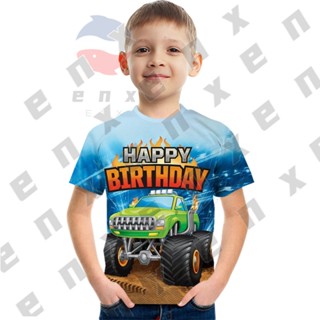 เสื้อยืด พิมพ์ลายรถบรรทุกมอนสเตอร์ "HAPPY BIRTHDAY" 3D แฟชั่นฤดูร้อน สําหรับเด็กผู้ชาย 3-13 ปี