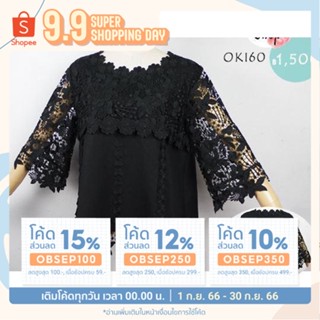 เสื้อลูกไม้สีดำ ผ้าลินิน รหัส OKI60 ลายดอกไม้ สีดำ