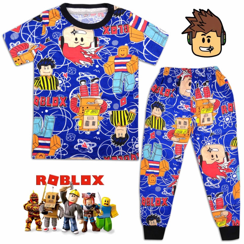 (1Y-11Y) สีฟ้า R0BL0X ชุดนอนเด็กผ้าฝ้ายเต็มรูปแบบ - ชุดนอนเด็กกลางคืนสวมชุดนอนเด็กชาย