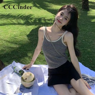 Cccindee ใหม่ เสื้อสายเดี่ยวลําลอง ผ้าถัก เข้ารูป พิมพ์ลายตัวอักษร สีตัดกัน แฟชั่นสําหรับสตรี 2023