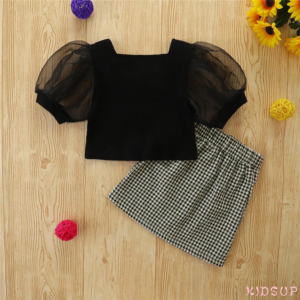 Kidsup- ชุดเสื้อแขนสั้น คอสี่เหลี่ยม และกระโปรงทรงเอ ลายฟันสุนัข สีดํา แฟชั่นฤดูร้อน สําหรับเด็กผู้หญิง