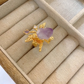 0911YWLY European and American Heavy Industry Irregular Natural Purple Crystal Ring Butterfly StudsPearl Exaggerated Large Opening Ring Niche  Retro Light luxury  Gift  6YUH