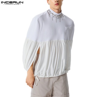 Incerun เสื้อยืดแขนยาว คอสูง แต่งจับจีบ สไตล์วินเทจ แฟชั่นสําหรับผู้ชาย